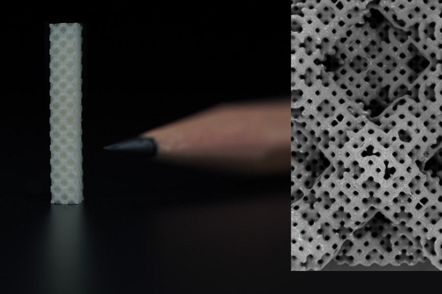 Lattice structure made of Hydrotech INX© U200 printed with a NanoOne printing system. Component dimensions 3.25x3.25x20 mm3 printed in proprietary vat mode by UpNano.