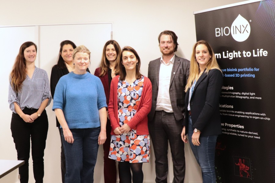 A Rousselot Biomedical delegation visiting the labs of BIO INX in Ghent with (l to r): Julie Schockaert (BIO INX), Kathleen Jacobs (Rousselot), Isabel Vanhecke (Rousselot), Tanja Vervust (Rousselot), Lies De Smedt (Rousselot), Jasper Van Hoorick (BIO INX) and Coralie Gréant (BIO INX).
