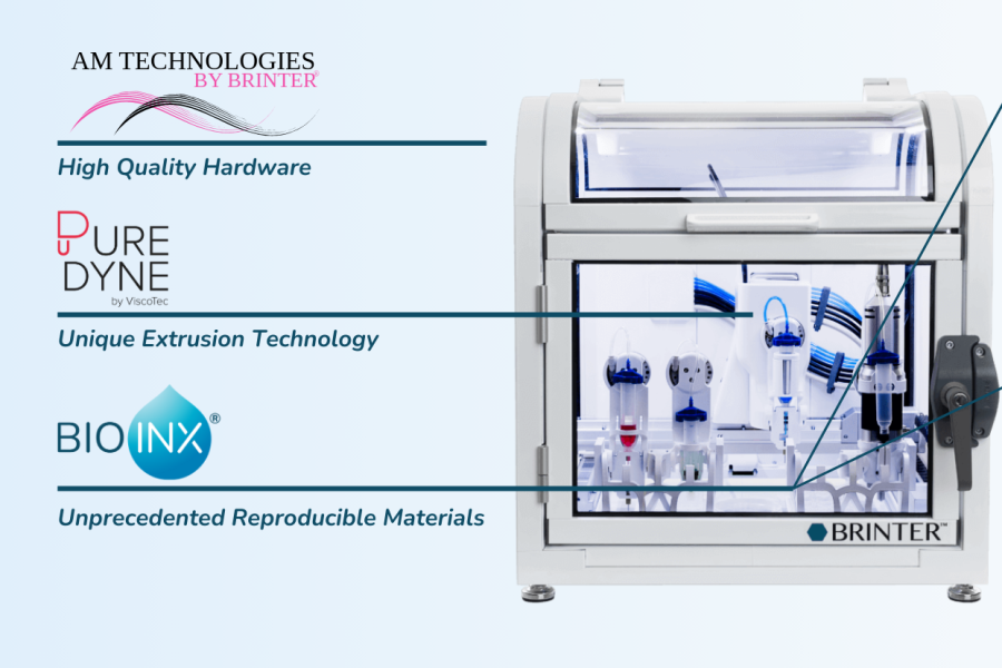 Unique collaboration on different aspects of the printing process including the BrinterAM system with the brand new Puredyne print module and the reproducible gelatin inks from BIO INX.