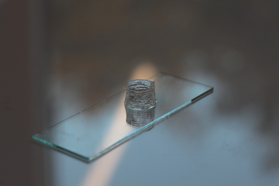 Tall gelatin structure printed using the unique combination of the Brinter one system with the new Puredyne heated printing module using the Gel-MA INX X100 ink from BIO INX.