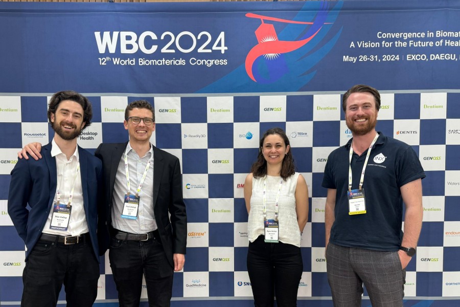 Readily3D and BIO INX team members at the 2024 World biomaterials conference from left to right: Max Kollep (Readily3D), Paul Delrot (Readily3D), Aysu Arslan (BIO INX) and Jasper Van Hoorick (BIO INX)